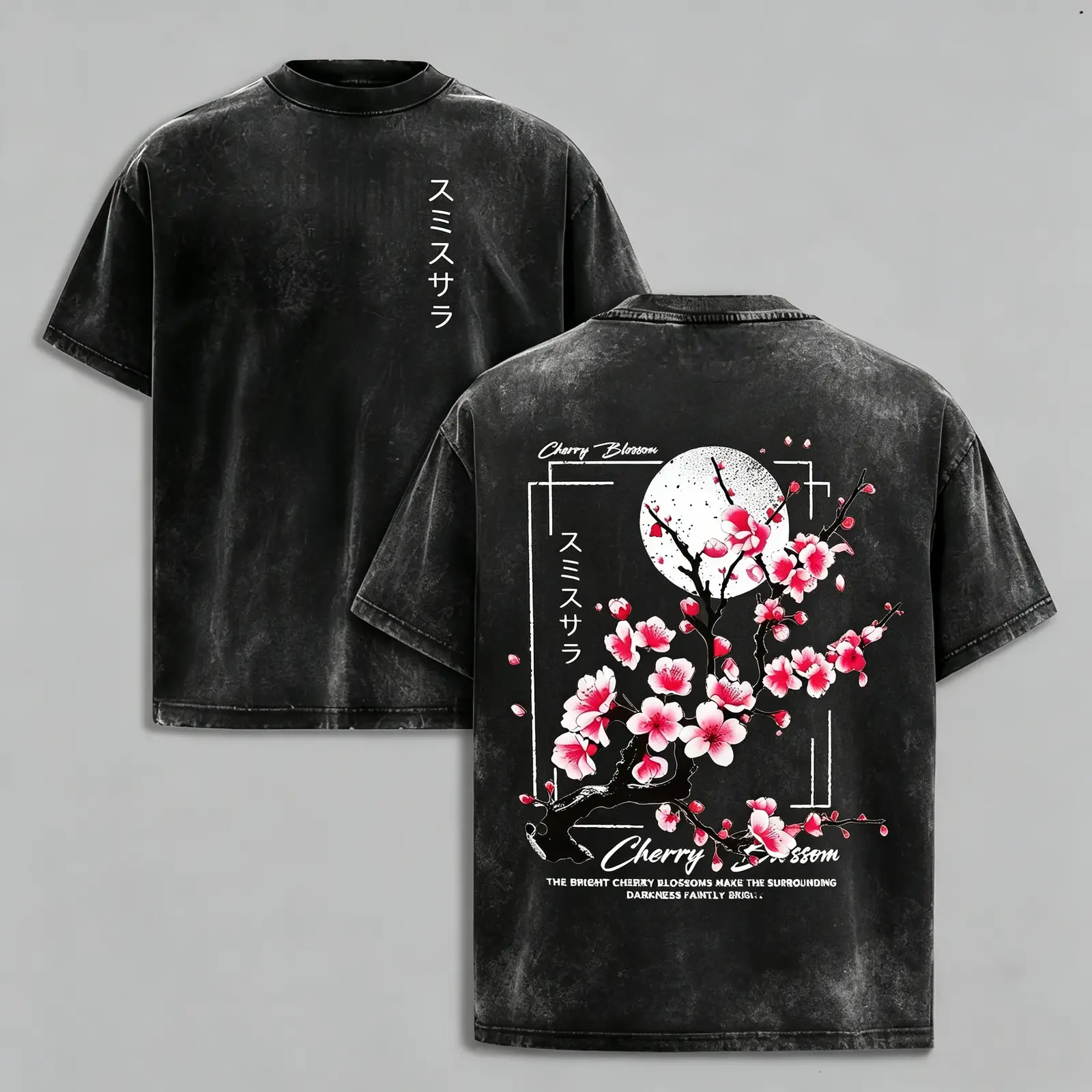 Sakura Cherry Blossom Japanese Letter Graphic Tee, Vintage Washed Heavyweight Oversized Double-Sided Streetwear T-Shirt and Hoodie