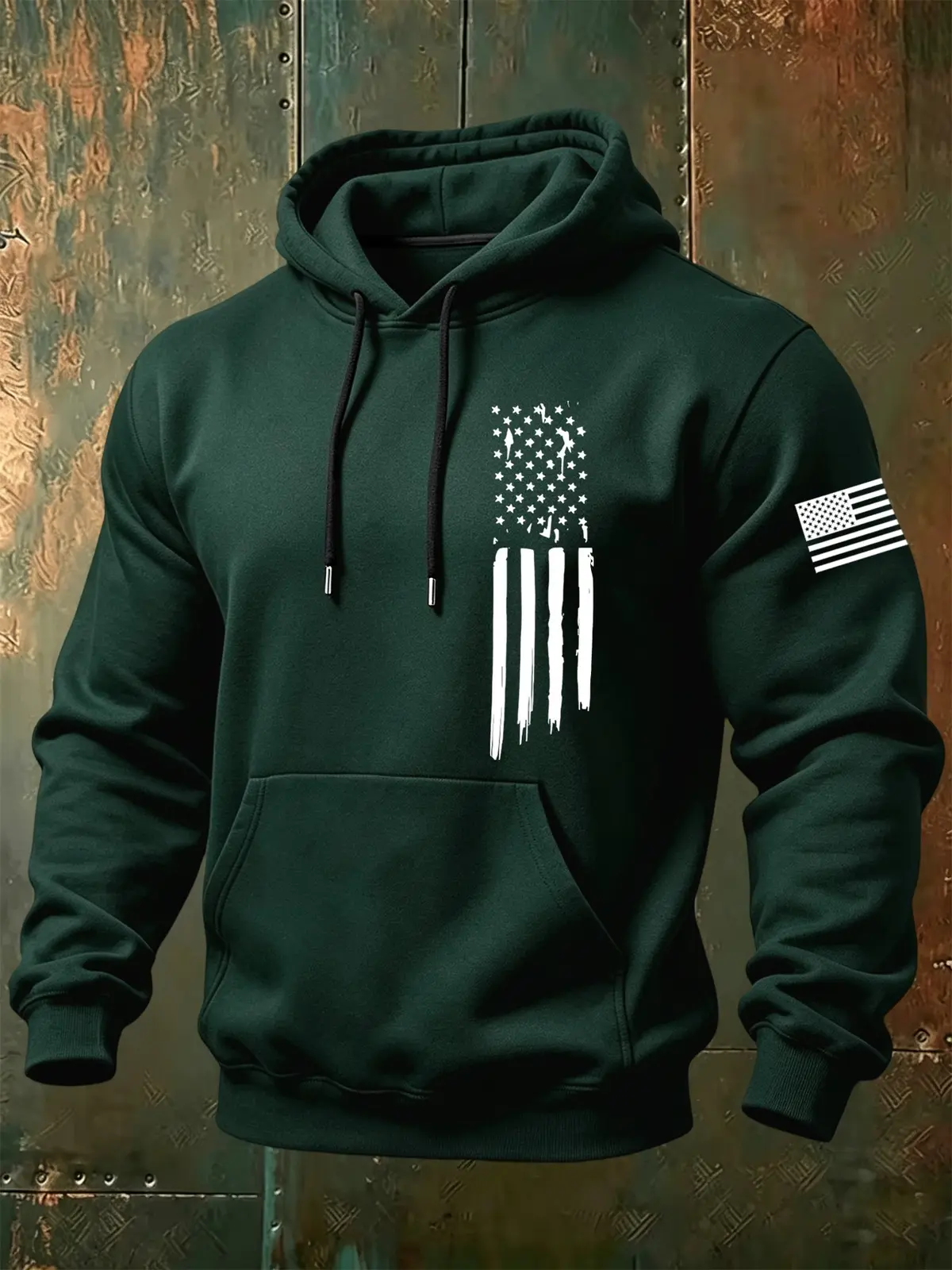 American Flag Vintage Brush Stroke Print Patriotic Graphic Hoodie, Retro USA Flag Sleeve Print Fall Winter Drawstring Pullover Sweatshirt