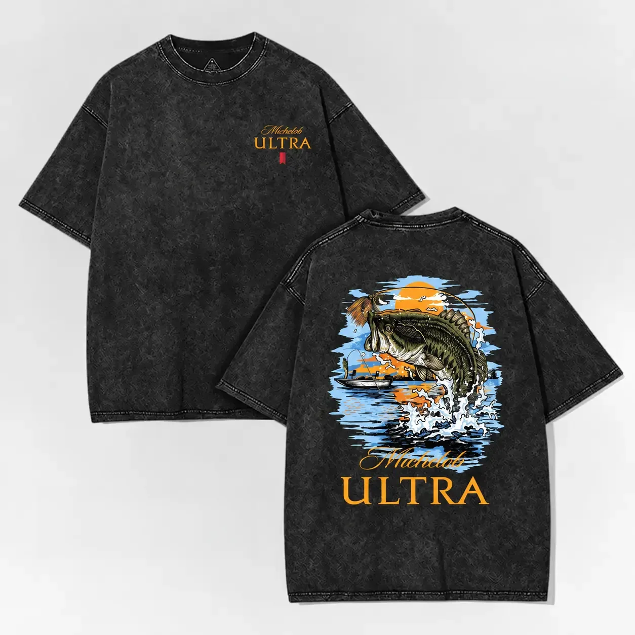 Vintage Acid Wash Fishing Bass Art Ultra Beer Graphic Tee, Retro Largemouth Bass Streetwear T-Shirt, Double Sided Cotton Shirt for Men