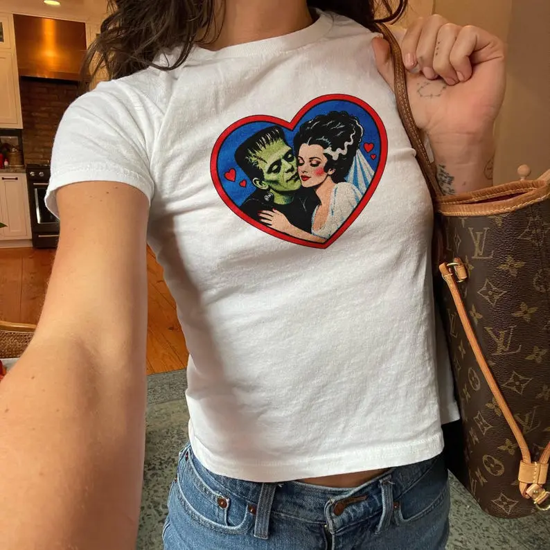 Frankenstein and Bride Heart Baby Tee, Vintage Horror Retro Halloween Gothic Monster Couple Y2K Fitted Cropped Cotton Top