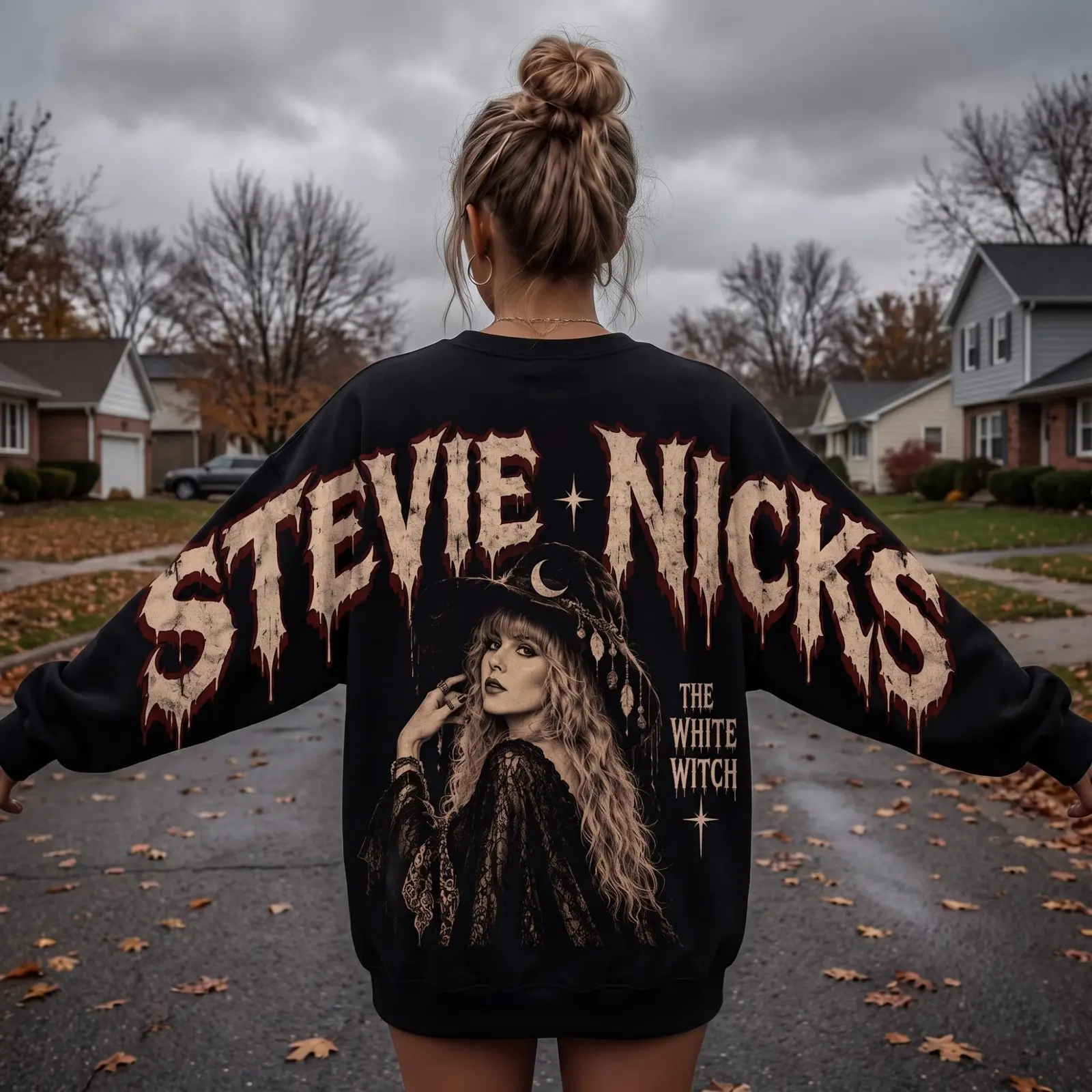 Stevie Nicks White Witch Vintage Rock Graphic Sweatshirt and Hoodie, Mystical Boho Celestial Moon Dark Gothic Witchy Halloween Pullover