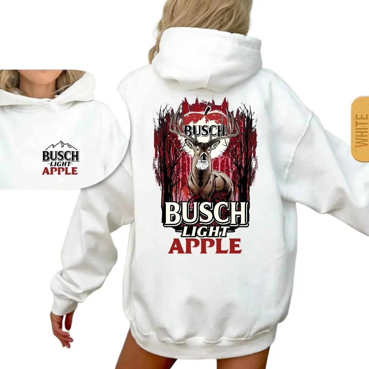 Busch Light Apple Deer Hunting Hoodie, Beer Graphic Pullover for Hunters and Outdoorsmen, Chest Logo and Large Back Print Streetwear Hoodie