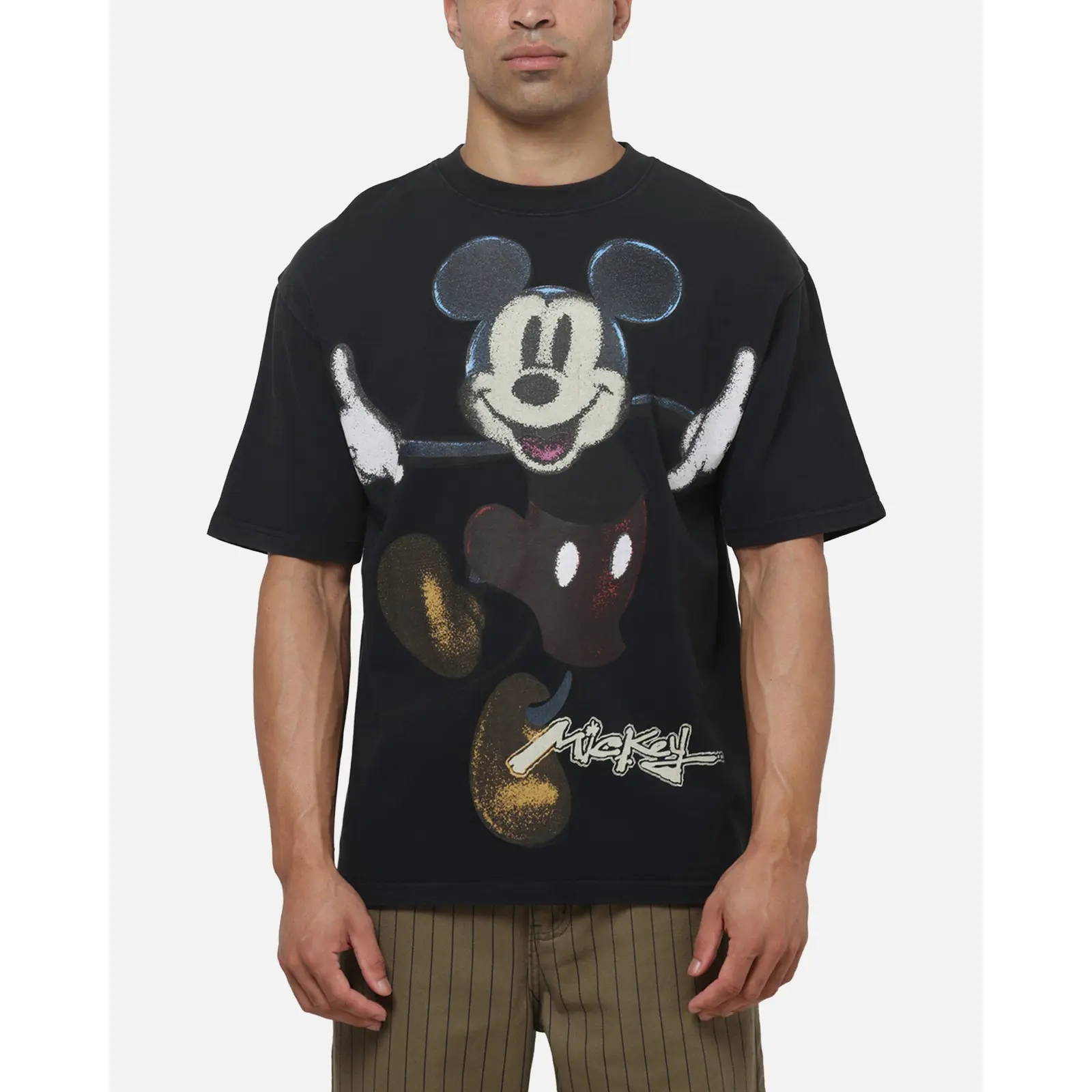 Carre x Mickey and Friends Big Head Graphic Tee, Disney Mickey Mouse Retro Cartoon Script Back Print Vintage Black Washed Oversized T-Shirt