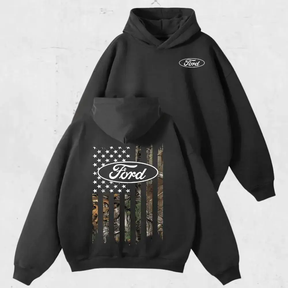 Ford Camo American Flag Truck Hoodie, Vintage Pickup 4x4 Off-Road Graphic Front and Back Print, Classic Western Streetwear Unisex Pullover