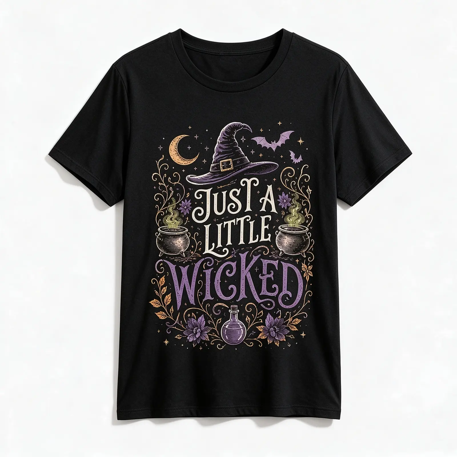 Just a Little Wicked Witch Graphic Tee, Vintage Witch Hat Cauldron Purple Floral Print, Halloween Party Witchy Soft Cotton Crew Neck T-Shirt