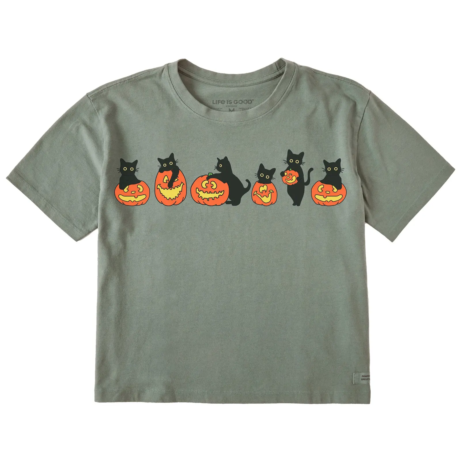Pumpkin Cats Halloween Graphic Tee, Cute Black Cats on Jack O Lantern Pumpkins Fall Cat Lover Womens Boxy Short Sleeve T-Shirt