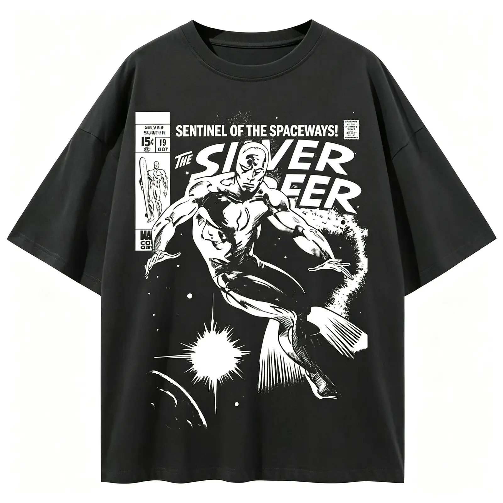 Silver Surfer Sentinel of the Spaceways Comic Cover Graphic Tee, Galactus Herald Vintage Comic Book Art Streetwear Regular Fit Unisex T-Shirt