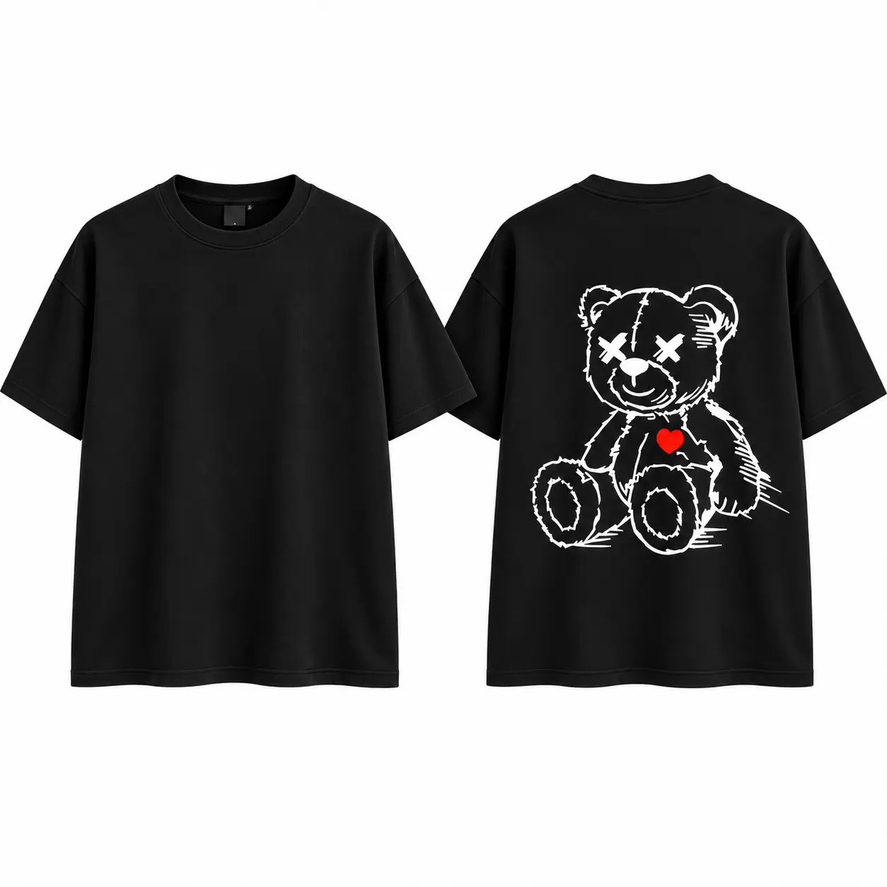 Teddy Bear X Eyes Red Heart Back Print Graphic T-Shirt, Couple Matching Sketch Bear Streetwear Tee and Pullover Hoodie