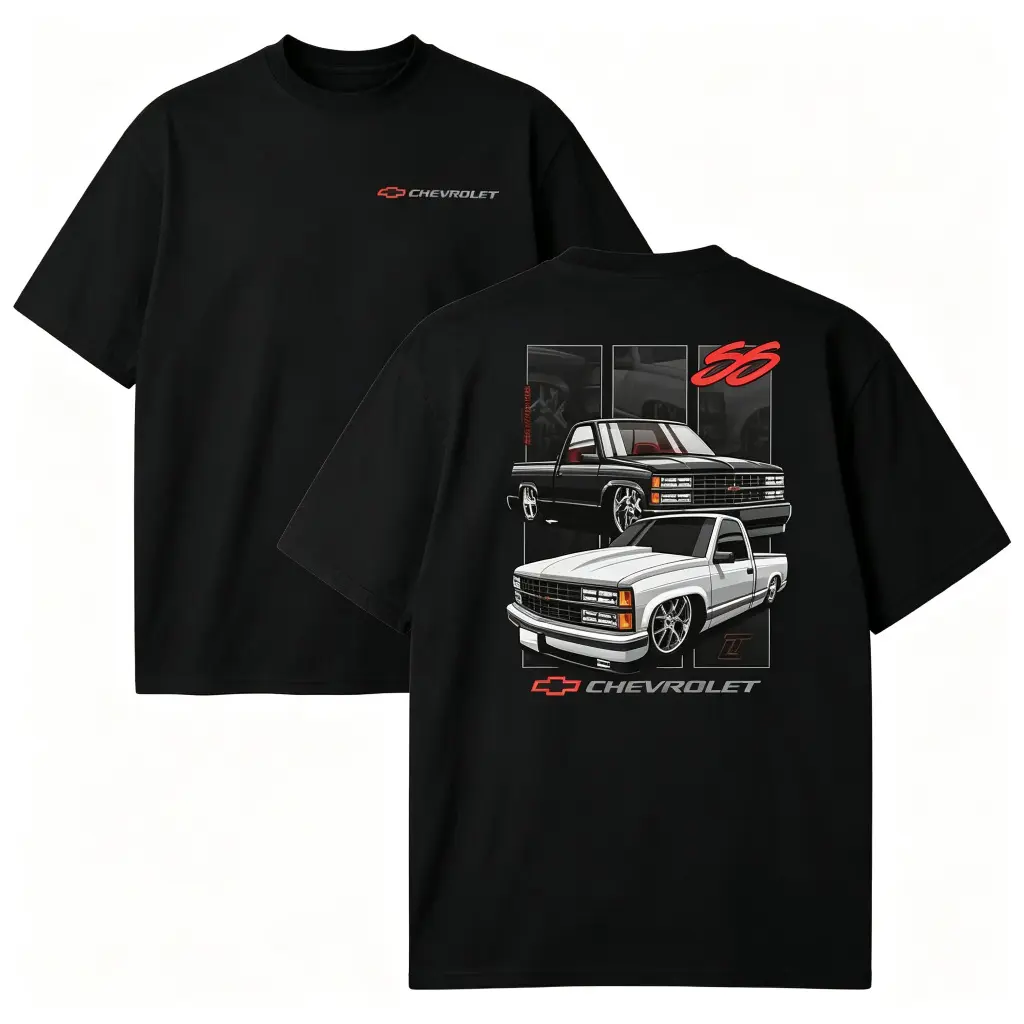 Classic Chevrolet 454 SS Square Body Pickup Truck Graphic Tee, Retro American Truck Enthusiast Front and Back Print Oversized Streetwear T-Shirt