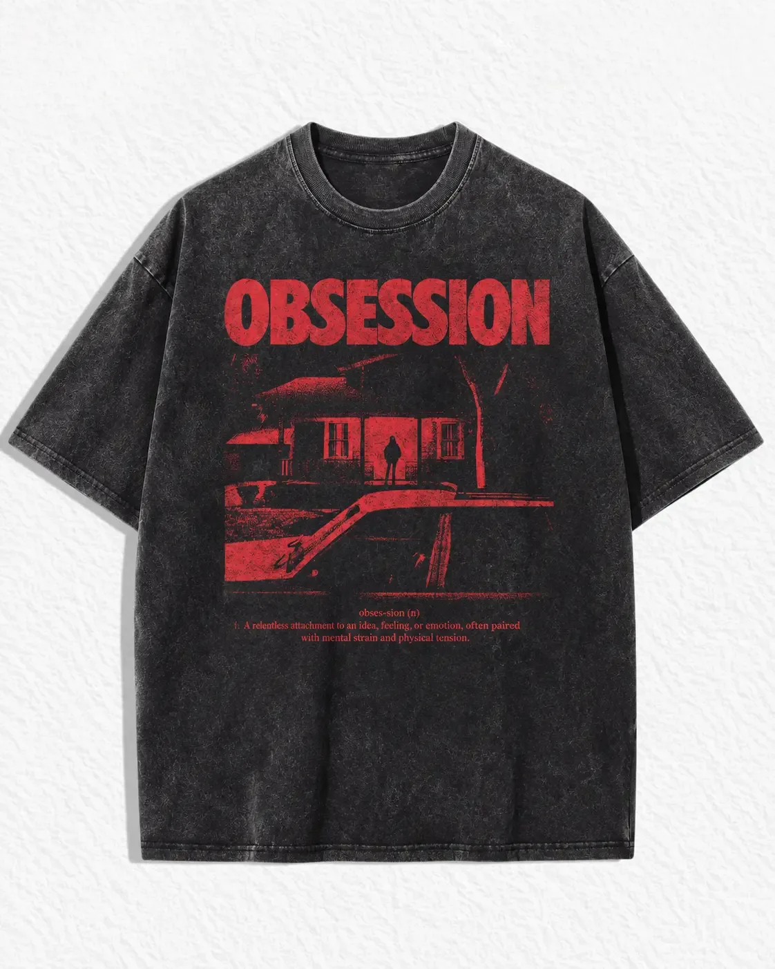 Obsession Dark Psychological Thriller Art Graphic Tee, Vintage Acid Wash Horror Movie Poster Halloween Streetwear Cotton Oversized T-Shirt