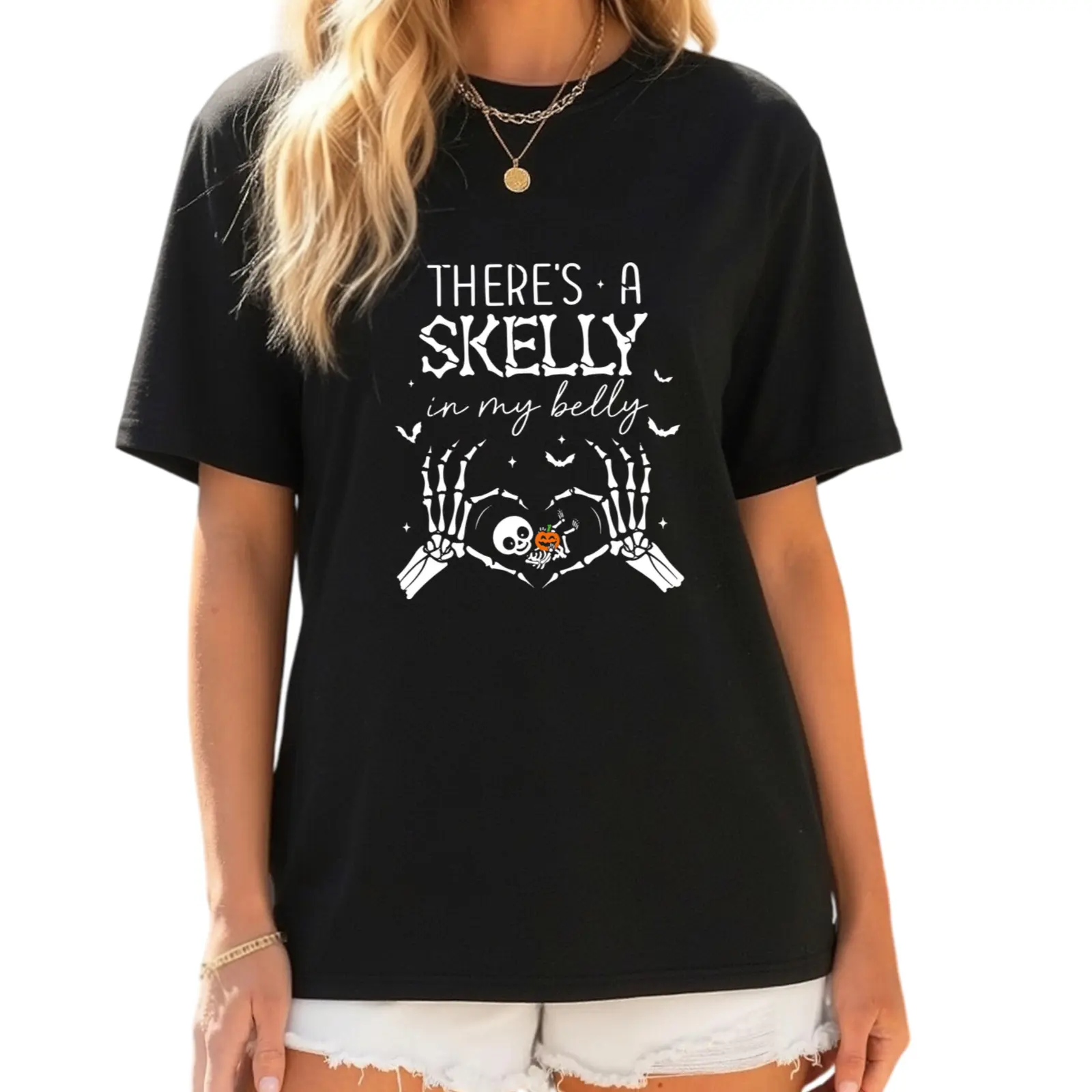 There's A Skelly In My Belly Maternity Halloween Tee, Skeleton Hands Heart Pregnancy Announcement Washed Vintage Graphic T-Shirt