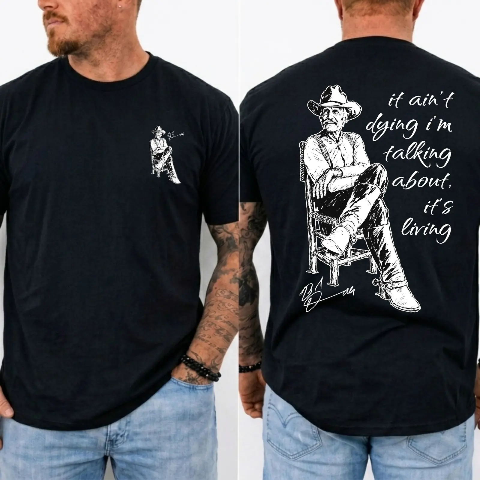 Vintage Gus McCrae Lonesome Dove It Ain't Dying I'm Talking About It's Living Graphic Tee, Classic Western Movie Cowboy Front and Back T-Shirt