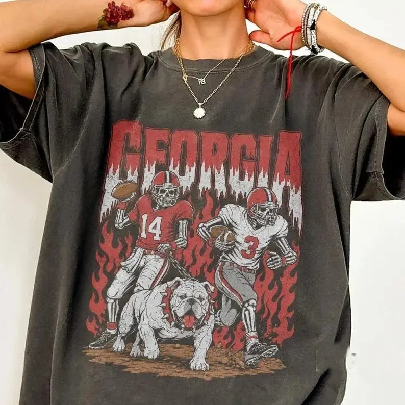 Retro 90s Georgia Football Skeleton Skull Bulldog Graphic Tee, Vintage Georgia Fan Game Day Washed Black Oversized Cotton T-Shirt