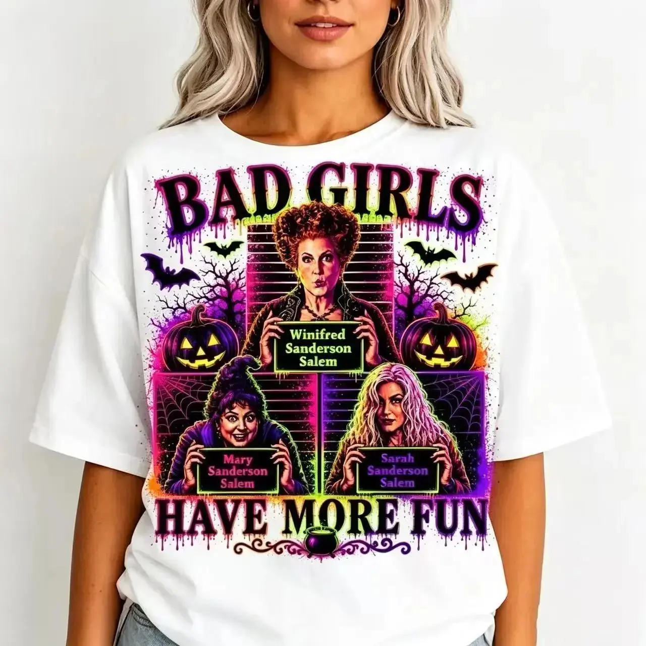 Hocus Pocus Bad Girls Have More Fun Sanderson Sisters Mugshot Graphic Tee, Neon Halloween Witch Movie T-Shirt, Spooky Season Women's Top