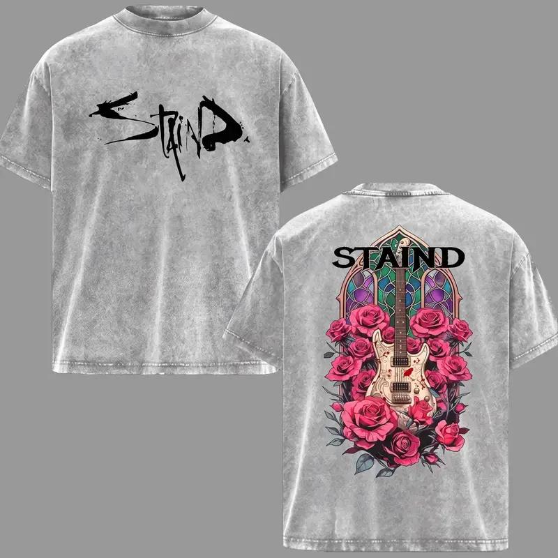 Staind Band Rose Guitar Stained Glass Graphic Tee, Vintage 90s Post-Grunge Alt Rock Music Two-Sided Pre-Washed Streetwear Unisex T-Shirt