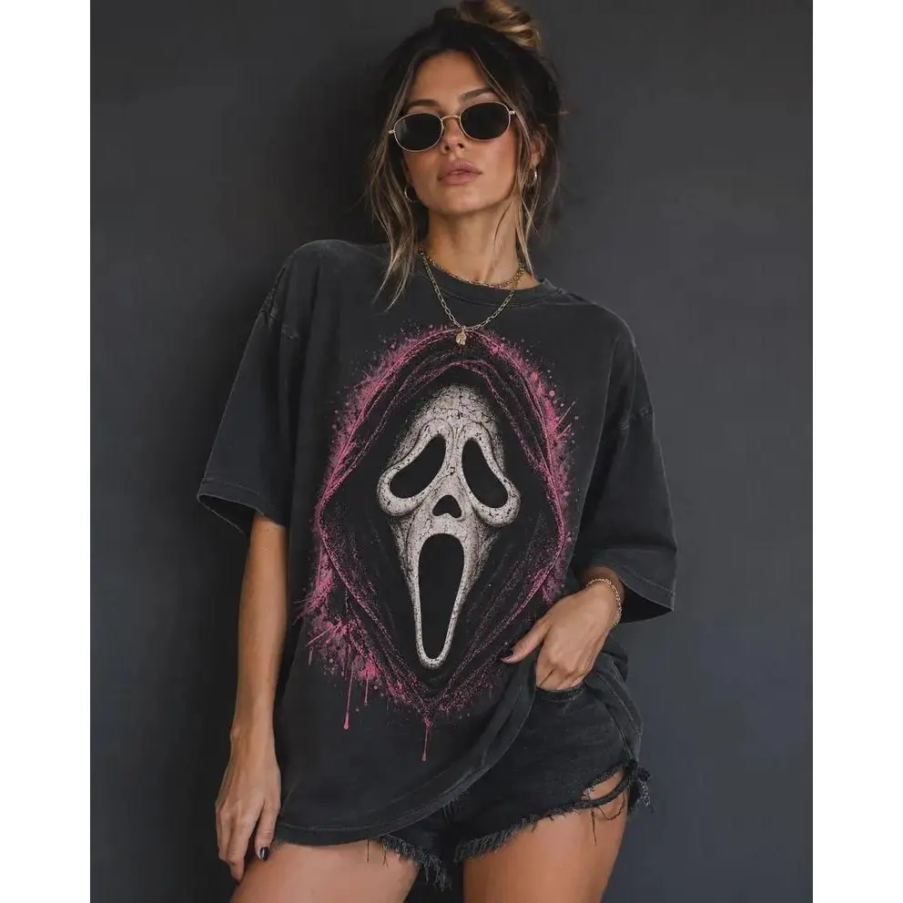 Scream Ghostface Halloween Horror Graphic Tee, Gothic Pink Skull Spooky Dark Y2K Washed Black Oversized Soft Cotton Unisex T-Shirt