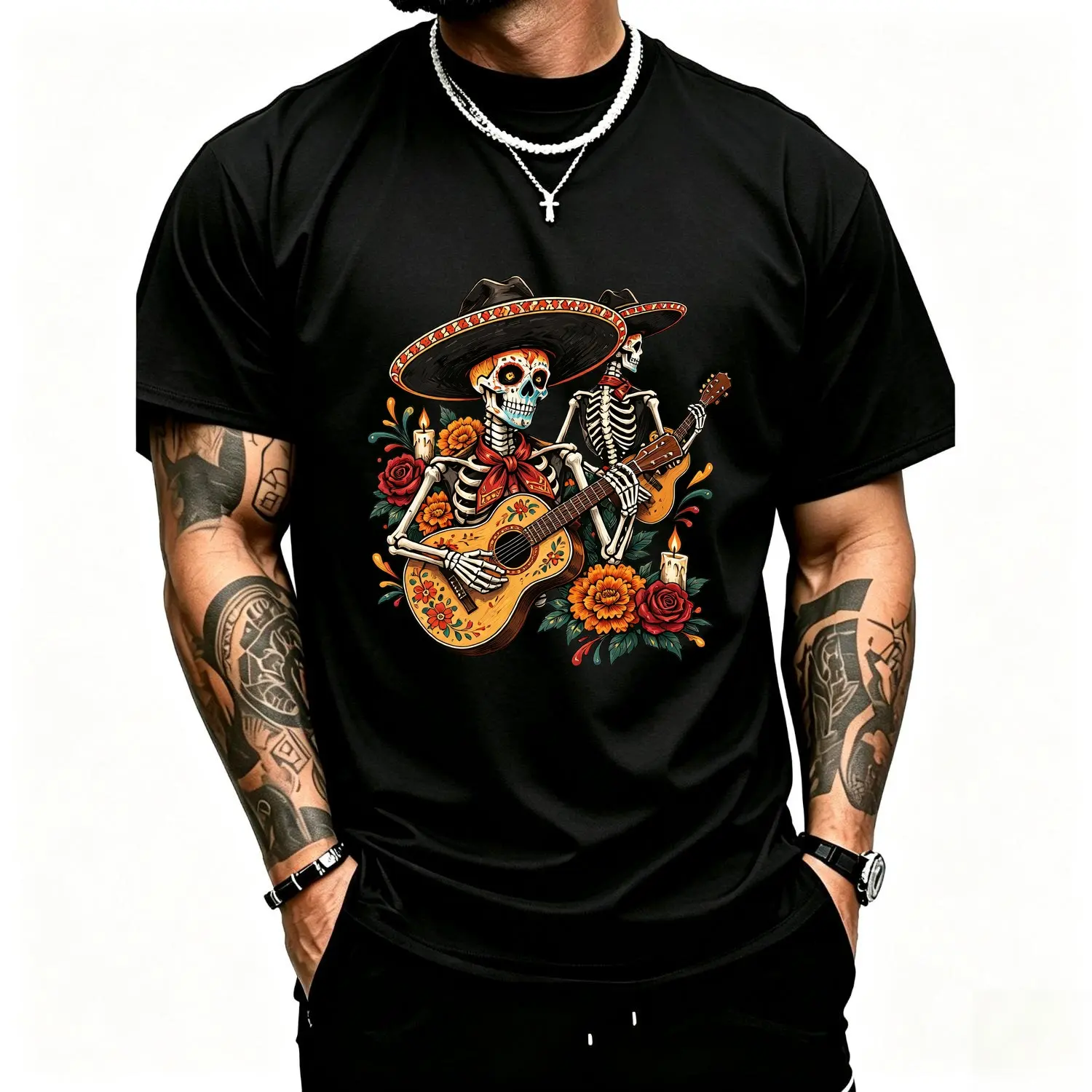 Day of the Dead Mariachi Skeleton Guitar Graphic Tee, Dia de los Muertos Sombrero Marigolds and Roses Mexican Unisex Washed Crewneck T-Shirt