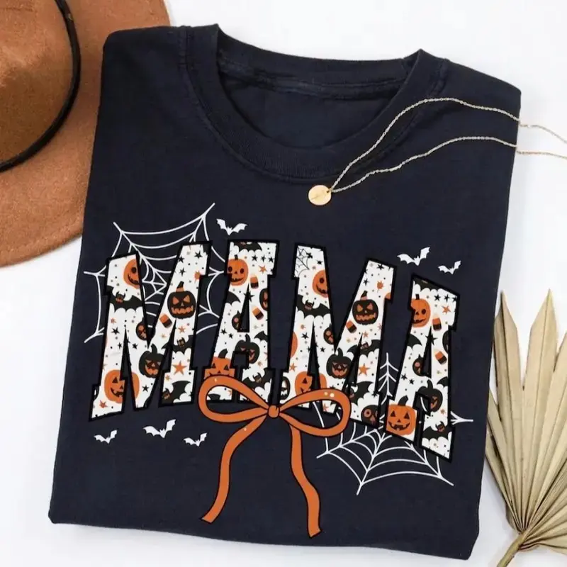 Spooky Mama Pumpkin Bow Halloween Graphic Hoodie and Tee, Cute Coquette Fall Aesthetic Bat Spiderweb Retro Autumn Oversized Pullover Top