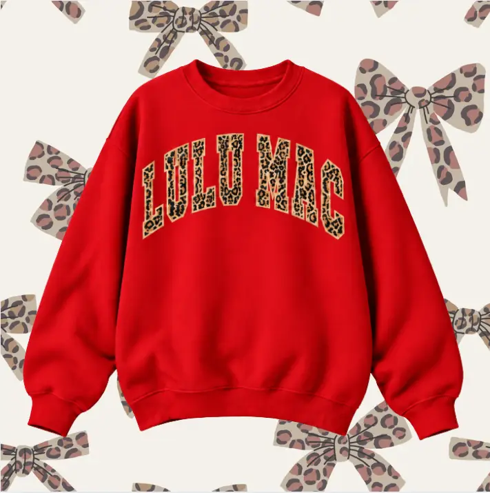 Lulu Mac Leopard Print Varsity Letter Graphic Crewneck Sweatshirt, Cheetah Arch Lettering Women's Casual Streetwear Fall Winter Pullover