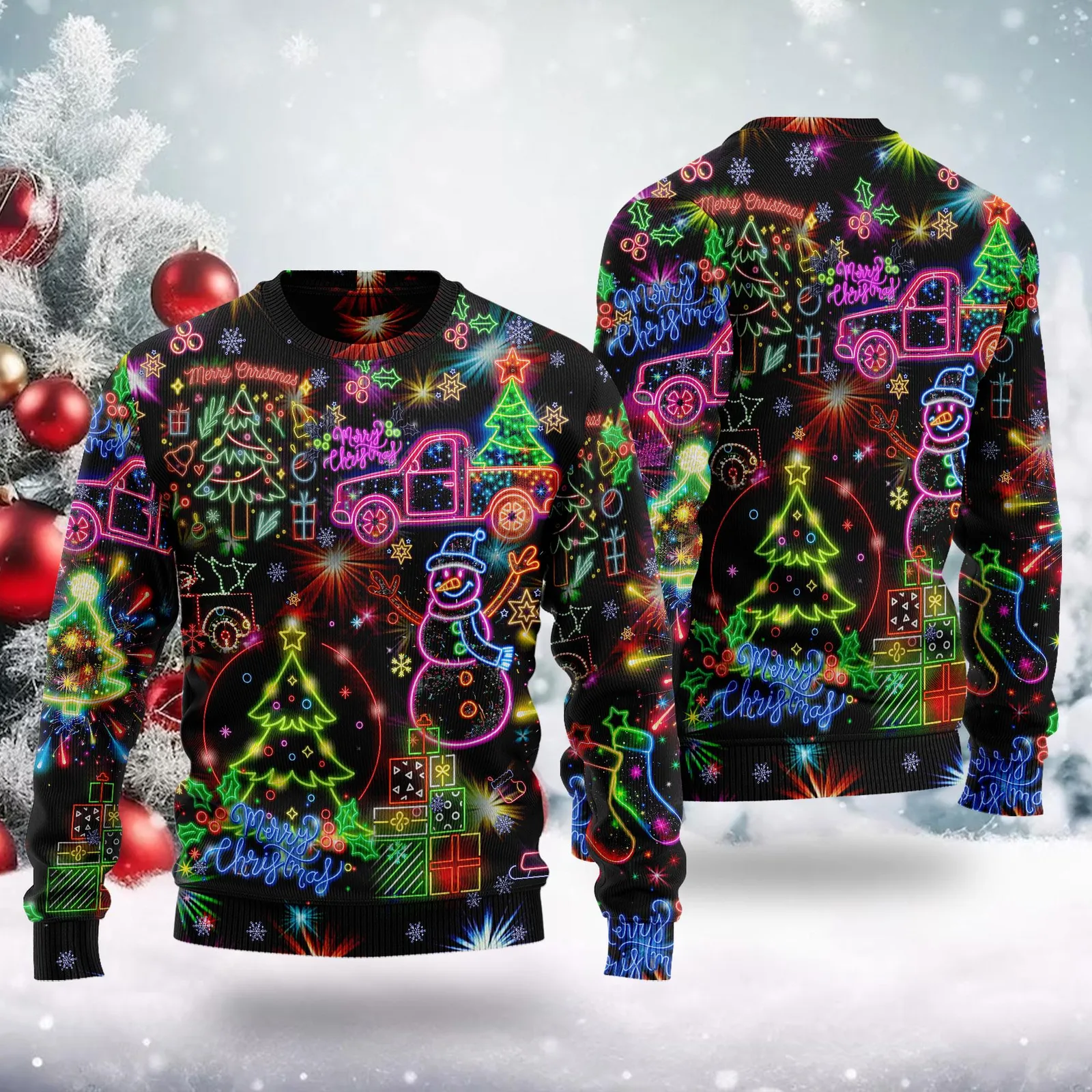 Christmas Bright Neon Lighting Ugly Christmas Sweater, Neon Light Xmas Sweatshirt, Glowing Christmas Tree Holiday Sweater for Xmas Party