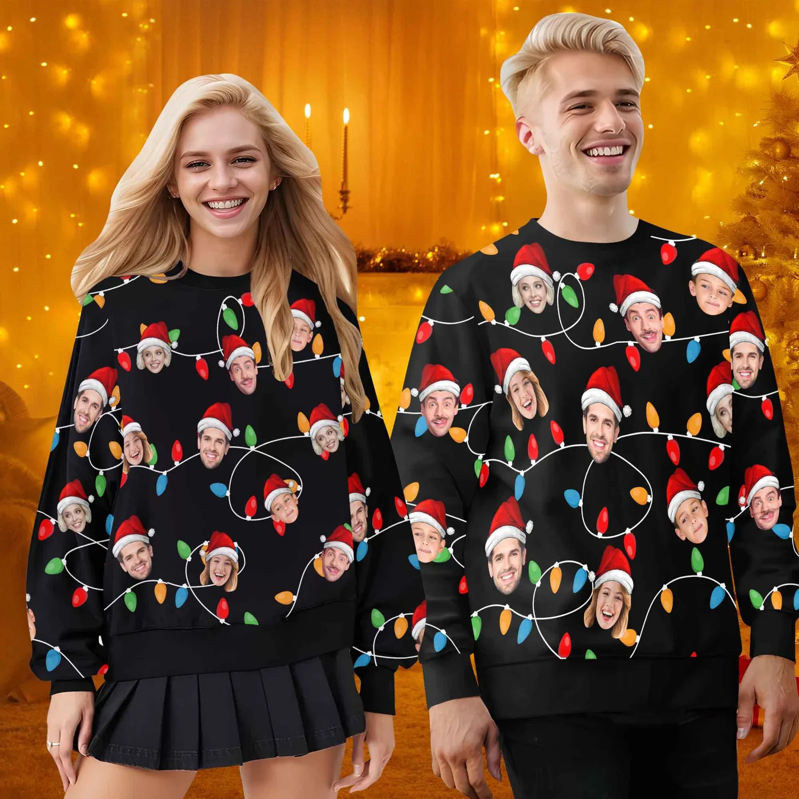 Custom Face Christmas Lights Ugly Holiday Sweater, Personalized Photo Christmas Sweatshirt with Santa Hats, Unisex All Over Print Xmas Jumper