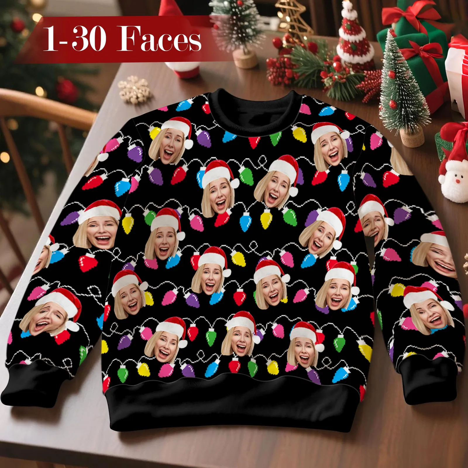 Custom Face Ugly Christmas Sweater, Personalized Photo Xmas Sweatshirt, Santa Hat All Over Print, Funny Christmas Gift for Family and Friends