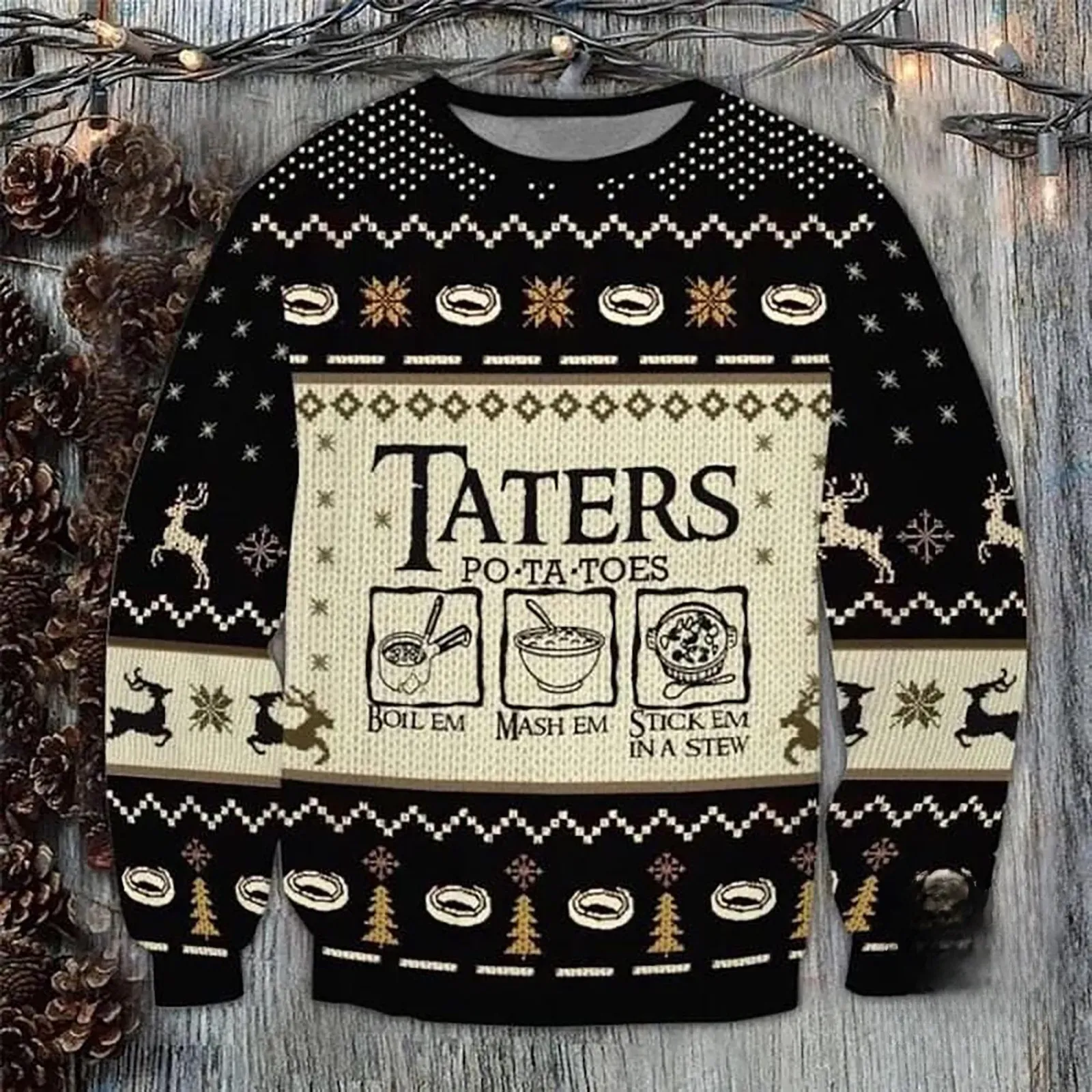 Taters Potatoes Ugly Christmas Sweater, Festive Xmas Potato Sweatshirt for Movie Fans, Knitted Holiday Hoodie, T-Shirt or Zip Hoodie