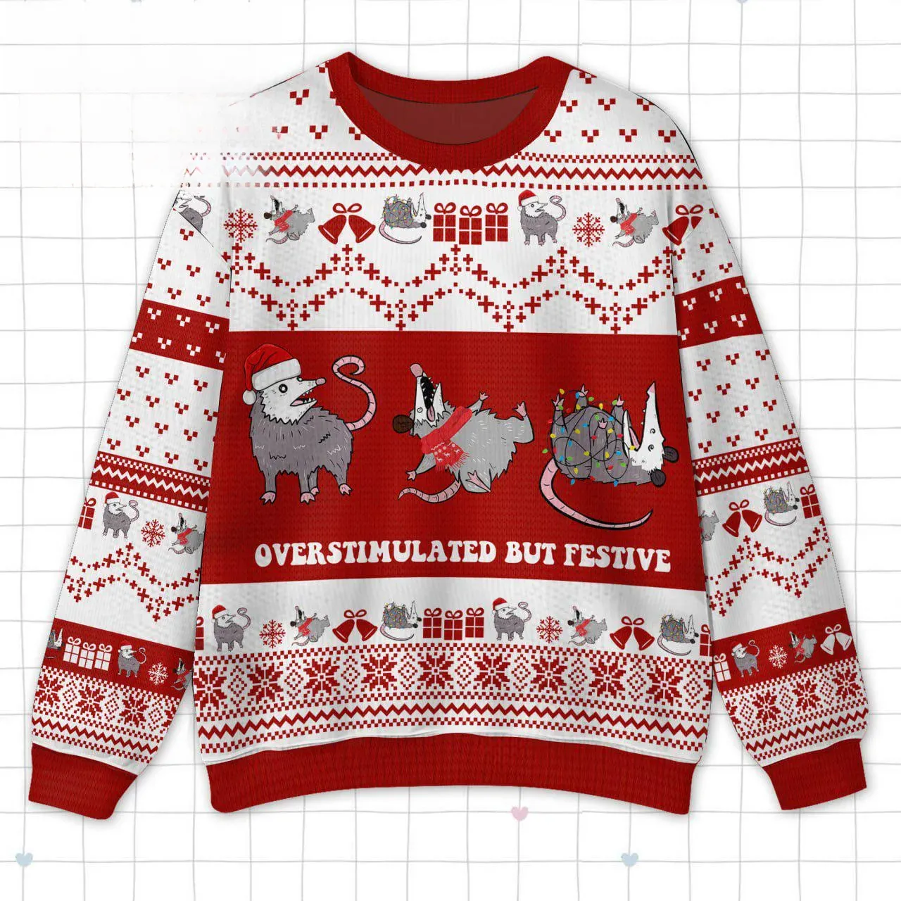 Overstimulated But Festive Possum Ugly Christmas Sweater, Funny Possum Meme Christmas Sweatshirt, Unisex All Over Print Xmas Jumper