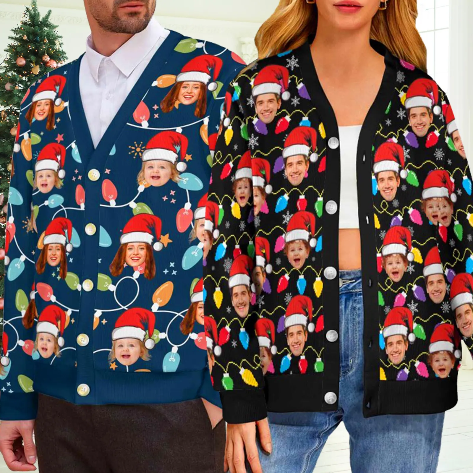 Personalized Photo Christmas Cardigan, Custom Face Ugly Christmas Sweater, Funny Family Christmas Cardigan for Men and Women