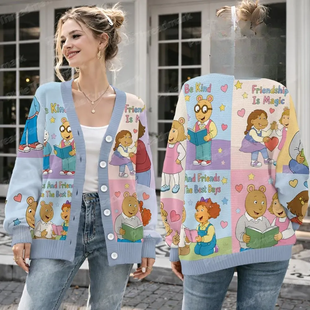 Arthur and Friends Reading Book Cardigan, Friendship Is Magic Teacher Cardigan, All Over Print Knitted Sweater, Be Kind Teacher Cardigan