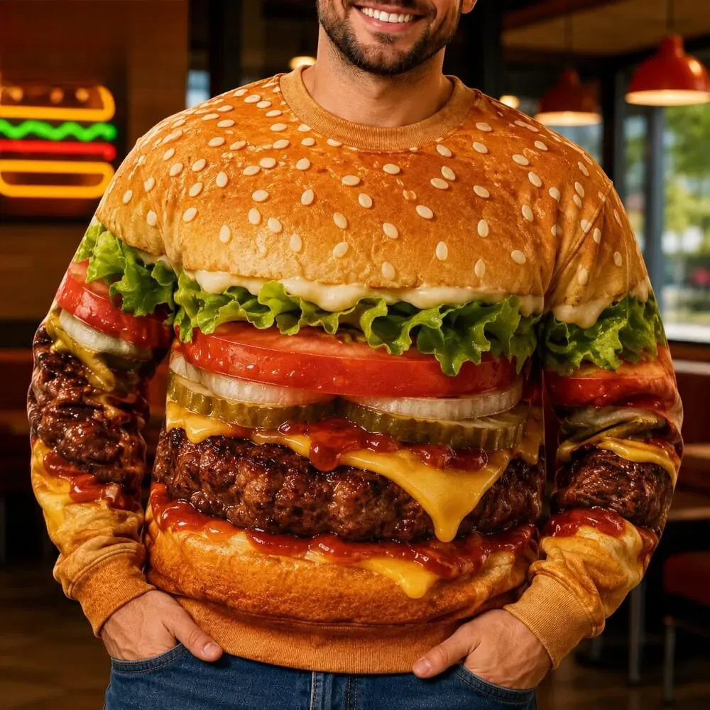 Cheeseburger Costume Sweatshirt, Funny Fast Food Hamburger Cosplay Shirt, Halloween Outfit and Food Party Shirt, 3D All Over Print Hoodie