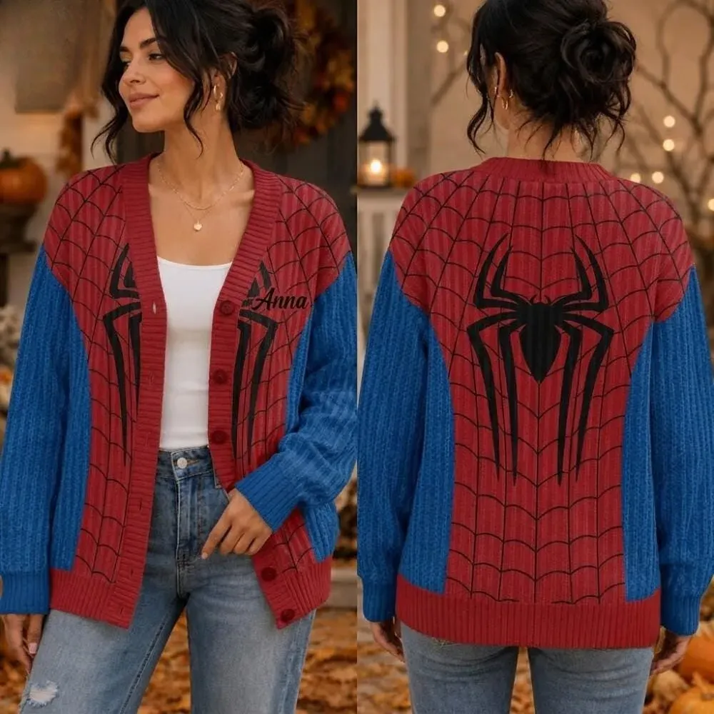 Vintage Amazing Spidey Custom Name Cardigan, Spidey Brand New Day Cardigan, Retro Comics Superhero Knit Cardigan