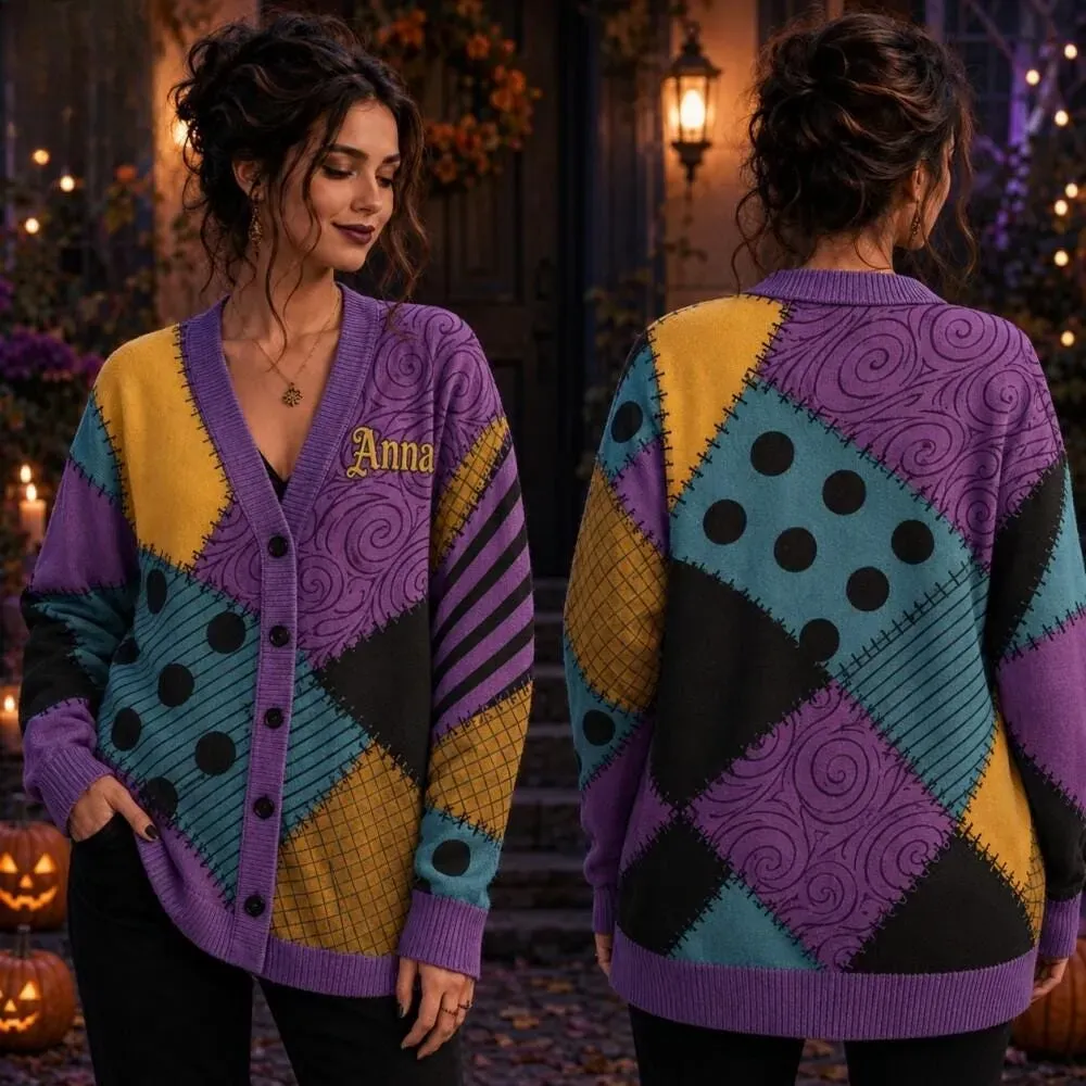 Custom Sally Skellington Cardigan, Nightmare Before Christmas Halloween Cardigan, Jack Sally Halloween Outfit, Personalized Name Sweater
