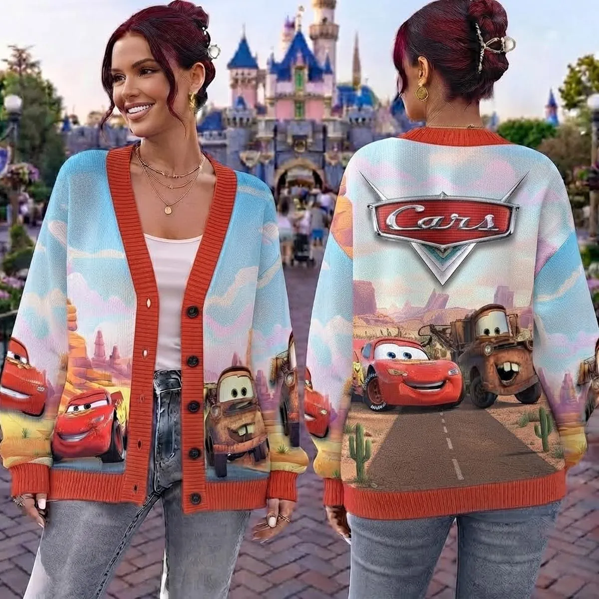 Lightning McQueen Pixar Cars Cardigan, Red Racing Cartoon Car Sweater with Mater, Cars Fan 3D All Over Print Knit Cardigan