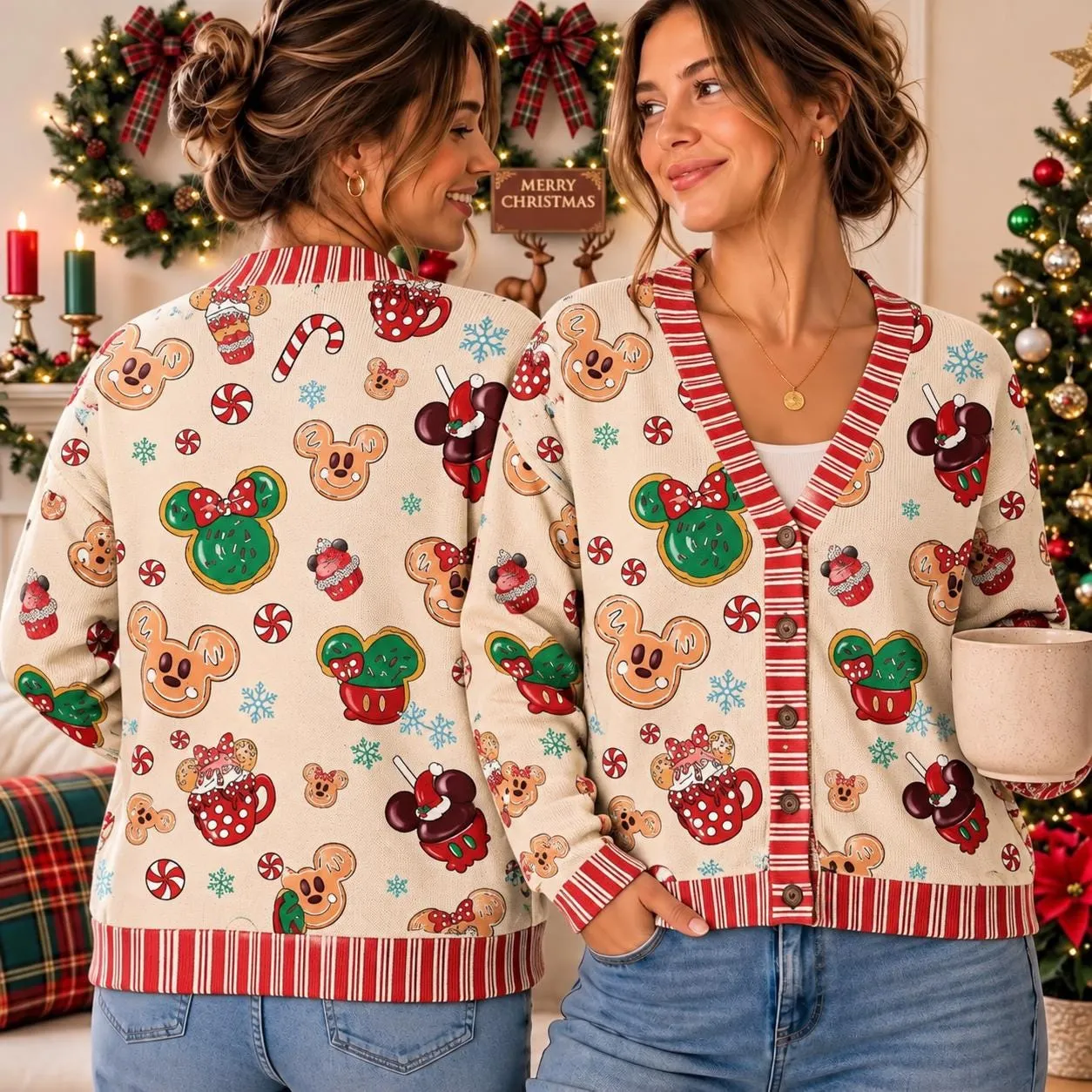 Gingerbread Mickey and Minnie Cardigan, Disney Christmas Sweater, Peppermint Candy Cane Holiday Cardigan, Mickey Holiday Outfit