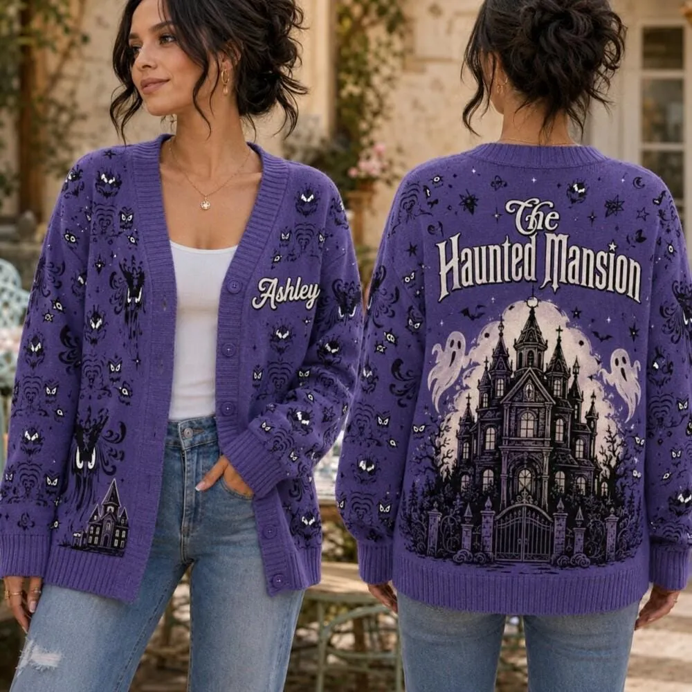 Custom Name Haunted Mansion Cardigan, Foolish Mortals Spooky Sweater, Hitchhiking Ghosts Madame Leota Autumn Cardigan, Halloween Apparel
