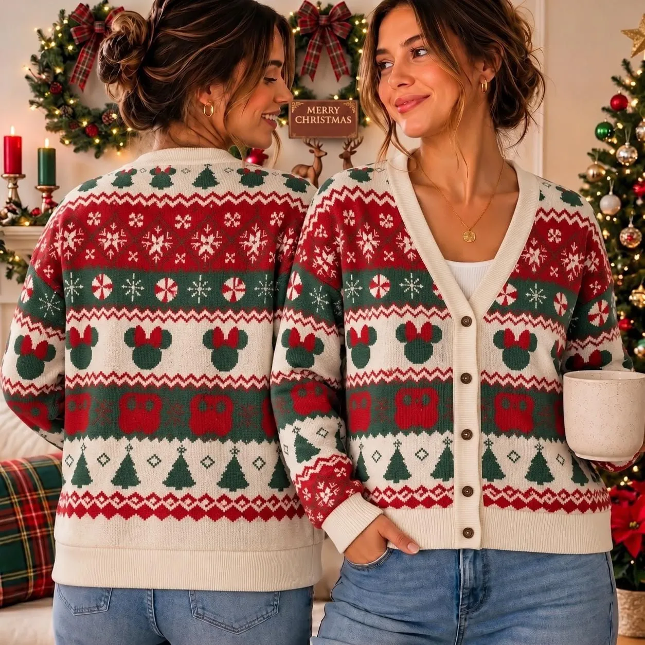 Mickey Minnie Christmas Cardigan, Disney Christmas Sweater, Mouse and Christmas Tree Pattern, Theme Park Holiday Outfit