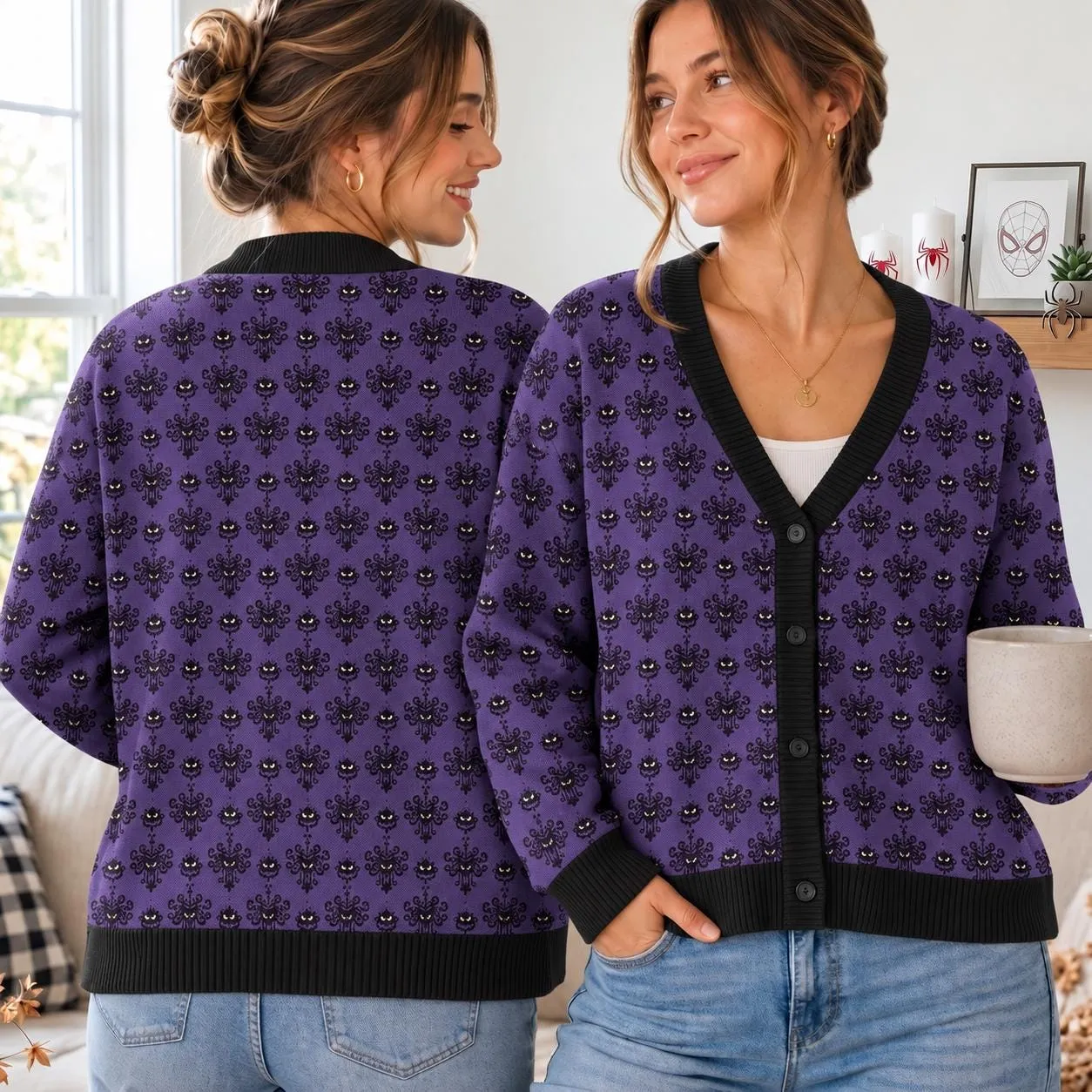 Disney Haunted Mansion Cardigan, Purple Gothic Halloween Sweater, Mickey Halloween Outfit, Disney Adult Apparel 3D All Over Print Knit