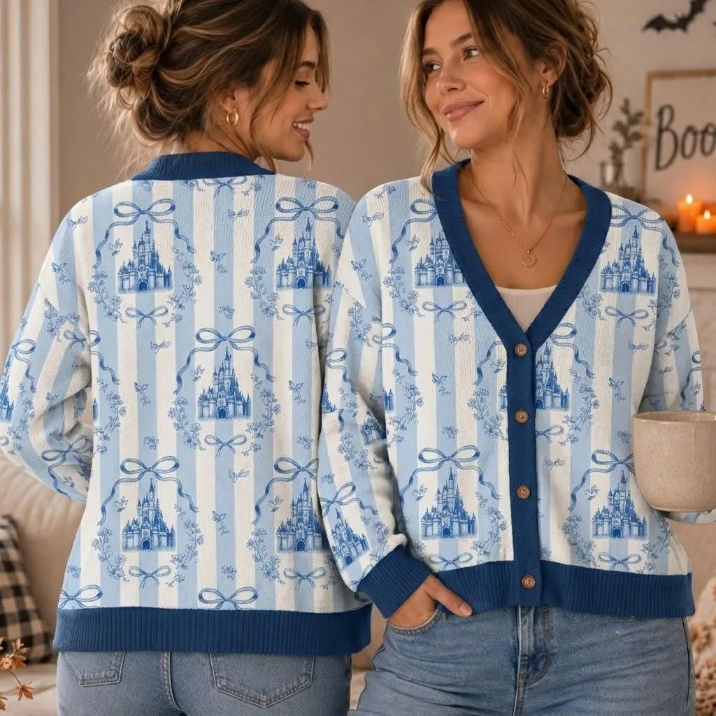 Disney Cinderella Cardigan, Coquette Blue Bow Sweater, Princess Castle Knit Cardigan, Fairy Tale Outfit 3D All Over Print