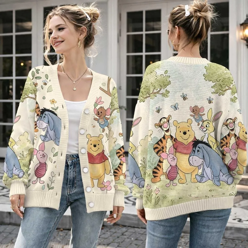 Pooh Bear and Friends Cardigan, Winnie the Pooh Cute Cartoon Knitwear Sweater, Retro Vintage Fall Cardigan, Storybook Inspired Gift