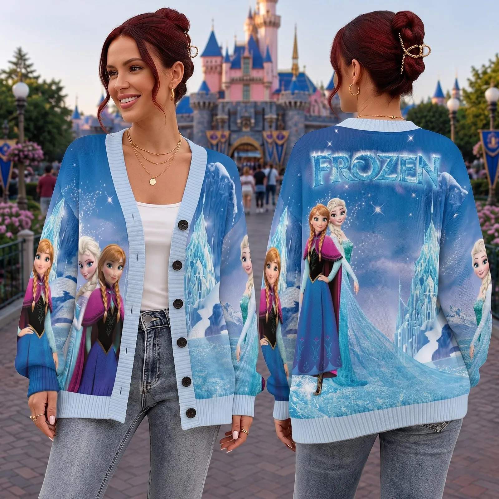 Frozen Elsa Princess Cardigan, Anna and Elsa All Over Print Sweater, Elsa Halloween Cosplay Costume Cardigan, Ice Palace Knit Cardigan