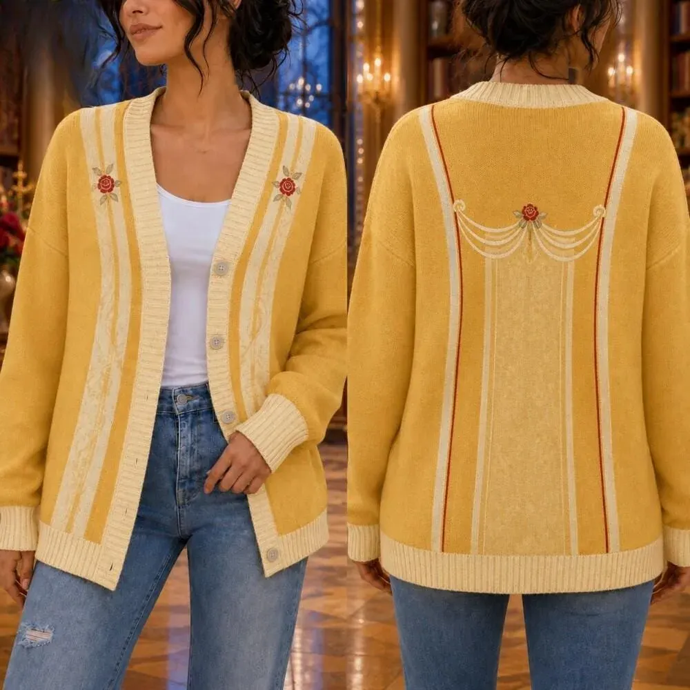 Belle Princess Cardigan, Beauty and the Beast Costume Sweater, Princess Halloween Outfit, Character Cosplay Cardigan with Red Roses