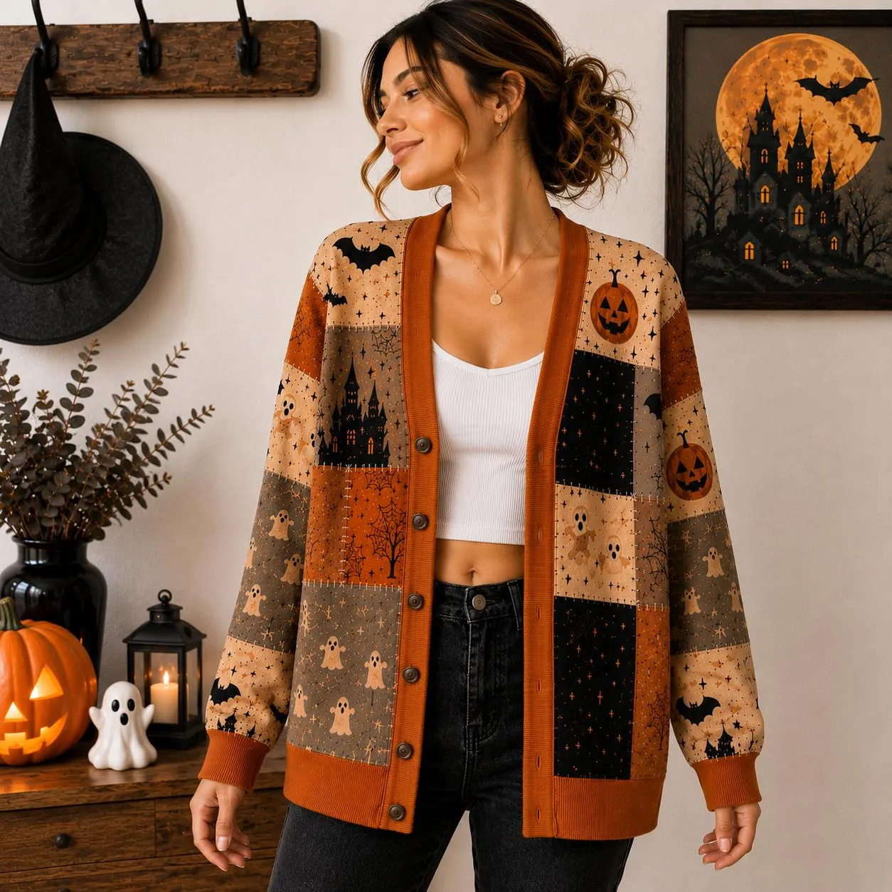 Halloween Patchwork Cardigan, Spooky Ghost Pumpkin Sweater, Gothic Bat Print Knit Jacket, Cozy Fall Outfit for Women