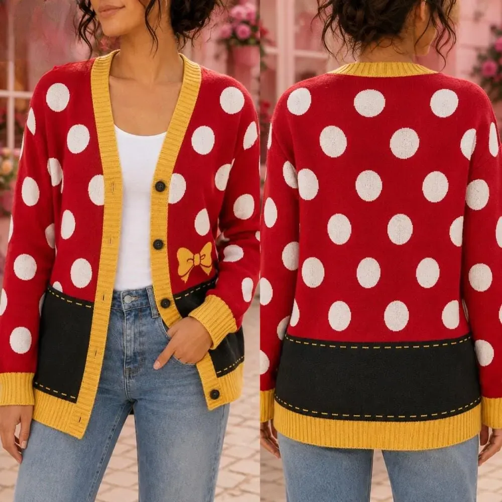 Minnie Mouse Cardigan, Minnie Mouse Character Costume Sweater, Mickey Minnie Cartoon Outfit, Theme Park Halloween Cosplay