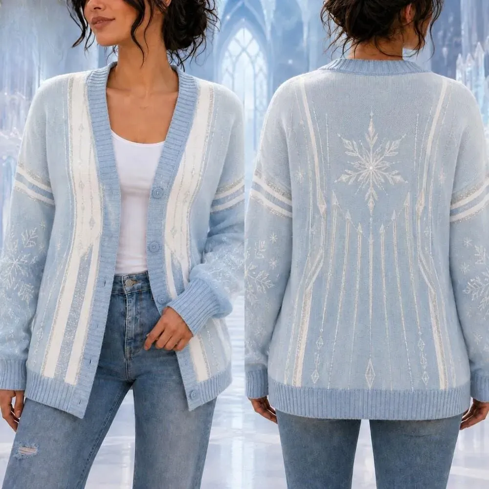 Elsa Frozen Cardigan, Elsa Costume Sweater, Princess Halloween Outfit, Fairytale Cosplay Cardigan with Snowflake 3D All Over Print
