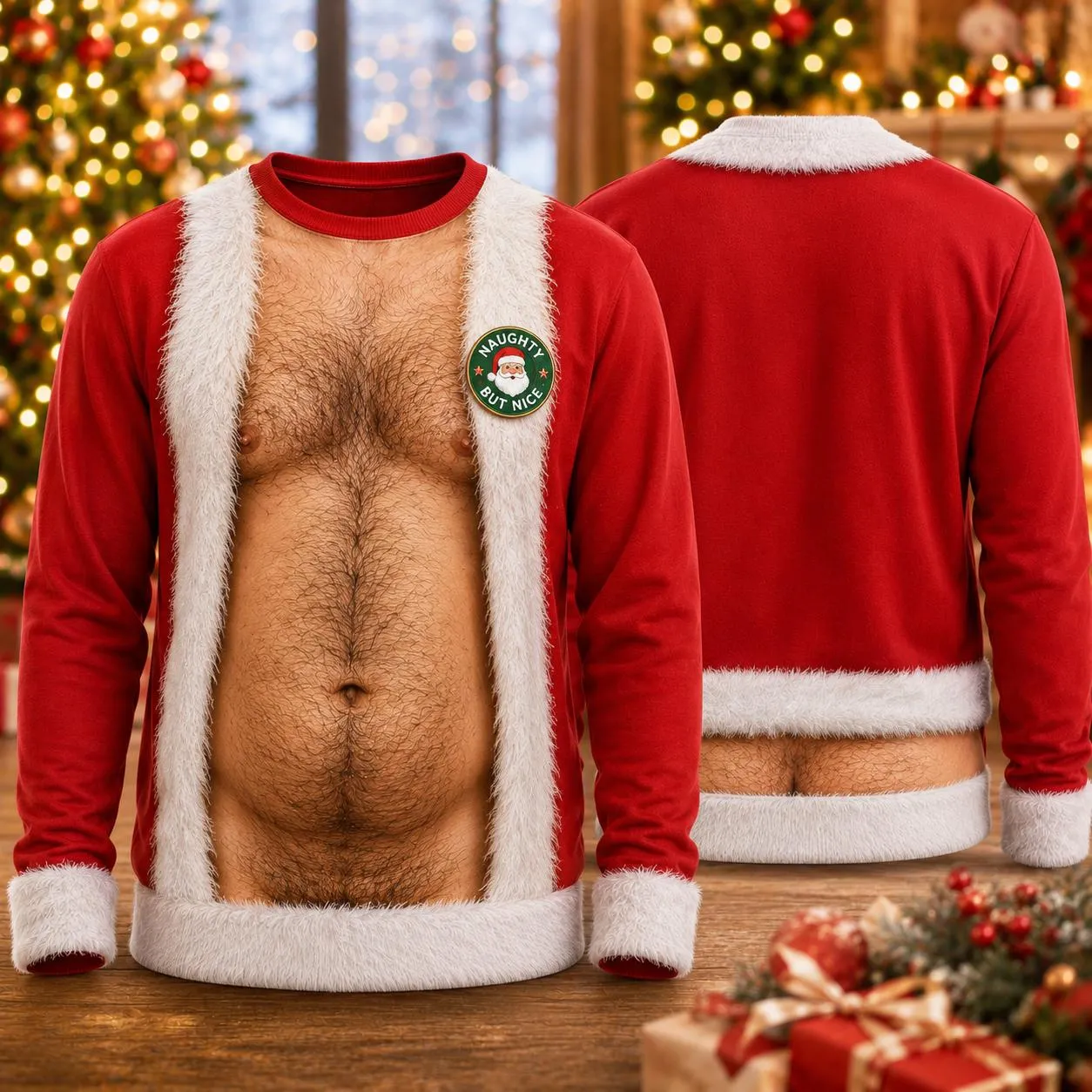 Funny 3D Fake Hairy Santa Claus Sweatshirt, Cute Ugly Christmas Holiday Sweater, Custom Skin Color, Christmas Gag Gift for Husband