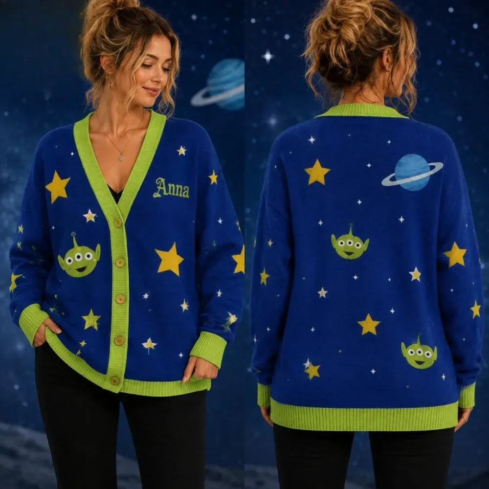 Personalized Toy Story Alien Cardigan, Pizza Planet Custom Name Cardigan, Movie Lover Outfit, Family Vacation Theme Park Cardigan