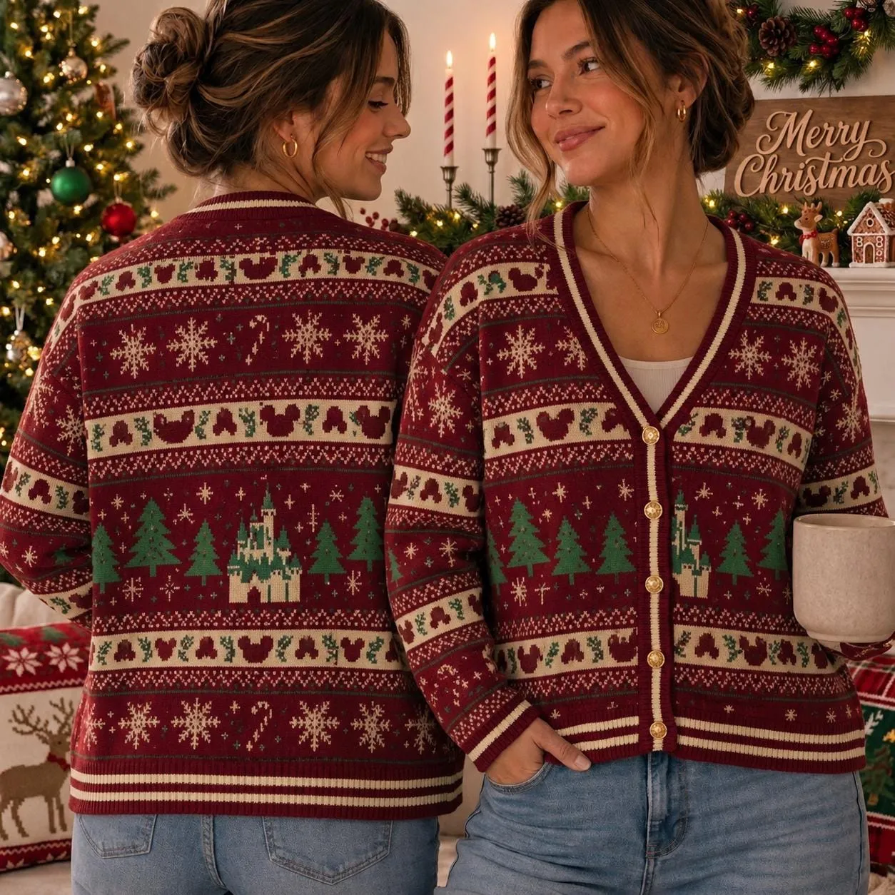 Mickey Christmas Cardigan Sweater, Disney Fair Isle Castle Knitwear, Maroon Disney Vacation Holiday Outfit, Cute Xmas Theme Park Cardigan