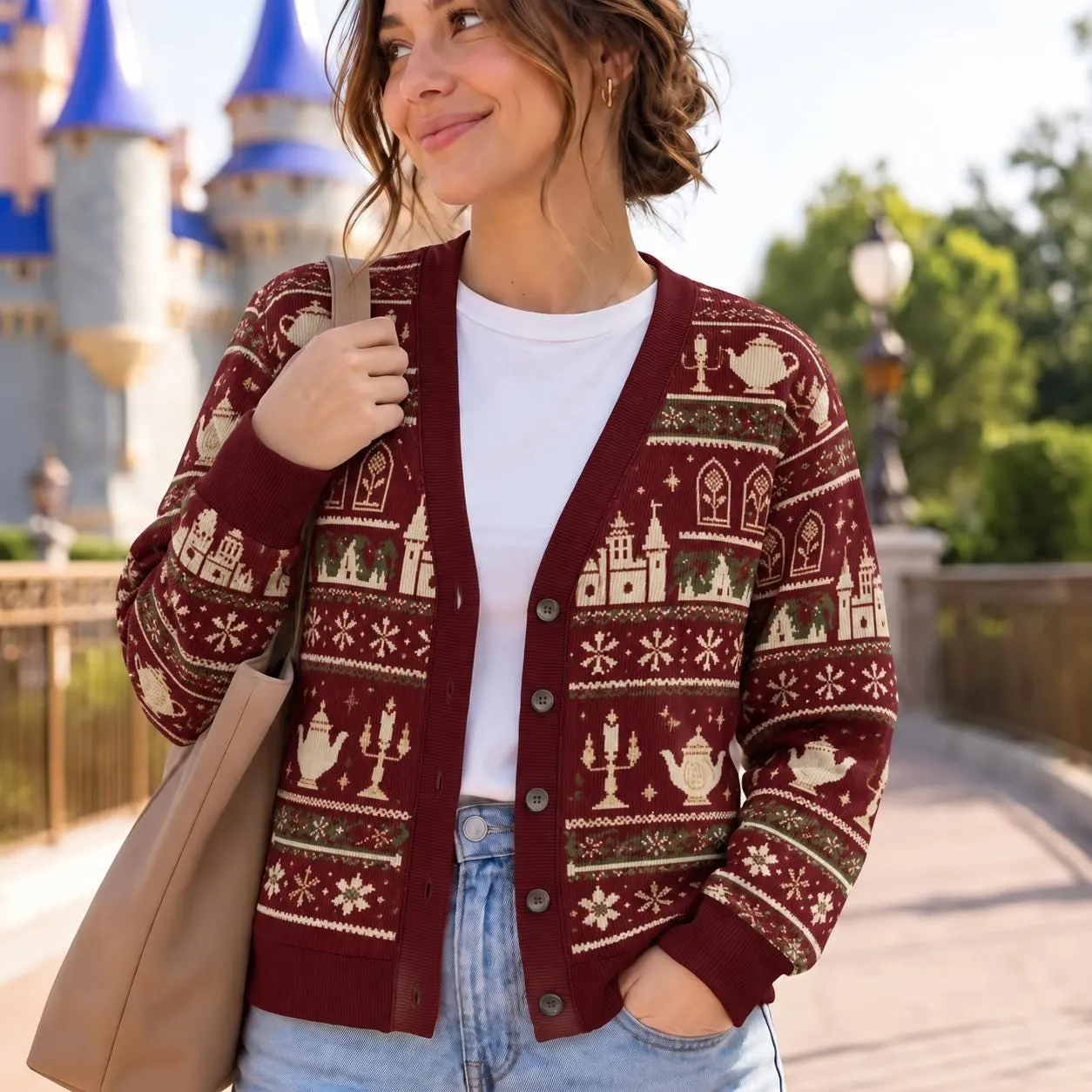 Beauty and the Beast Christmas Cardigan, Enchanted Rose Castle Xmas Sweater, Disney Christmas Fair Isle Holiday Cardigan