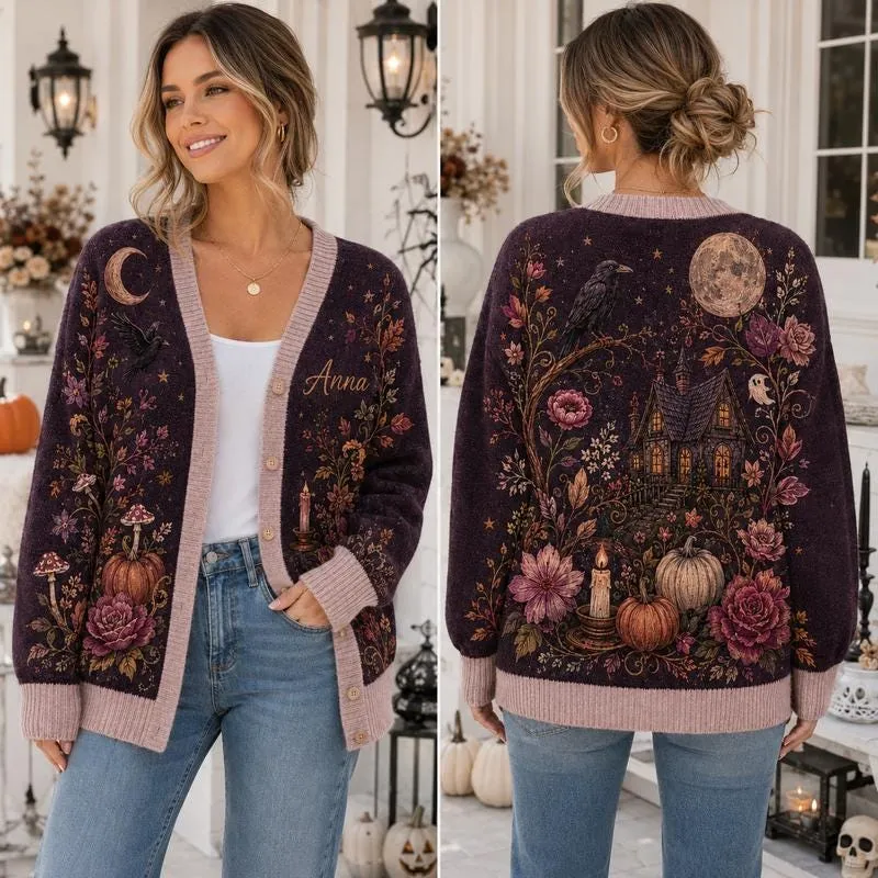 Gothic Haunted Mansion Cardigan, Vintage Halloween Cardigan Sweater, Pumpkin Patch Fall Cardigan, Cozy Halloween Outfit